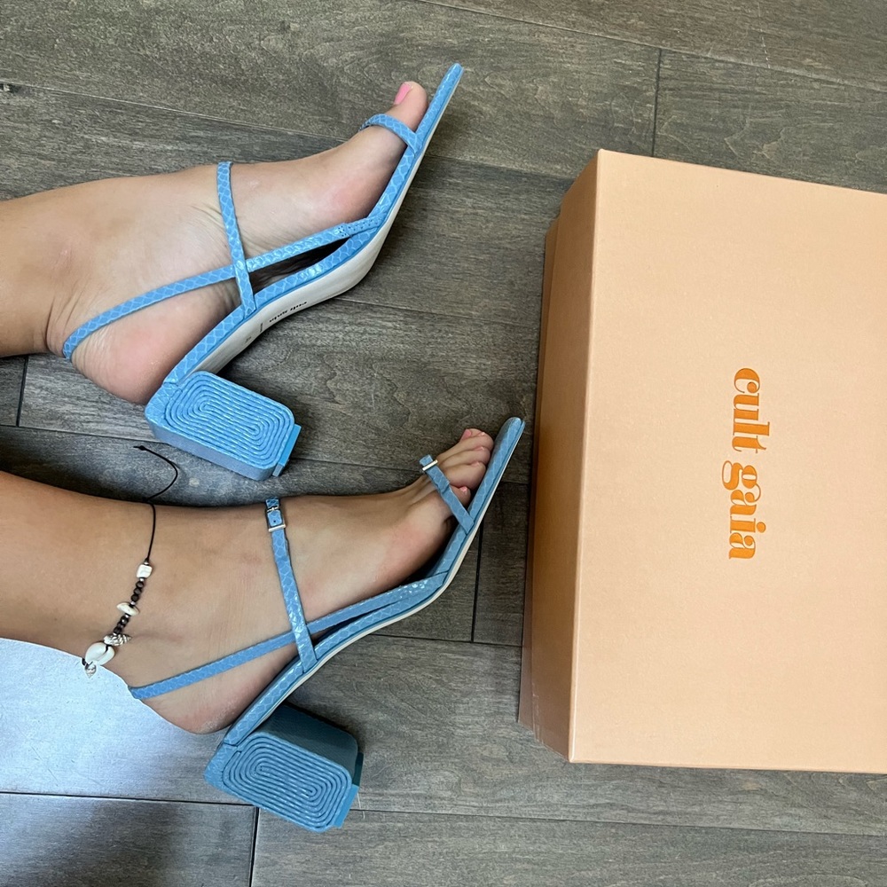 cult gaia Baby Blue Strappy Block Heel Sandals